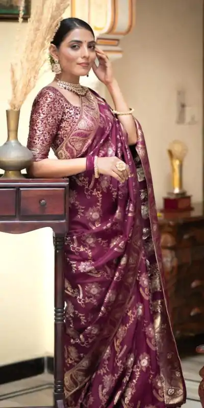 Bright Wine Color Soft Litchi Silk All Over Weaving Saree