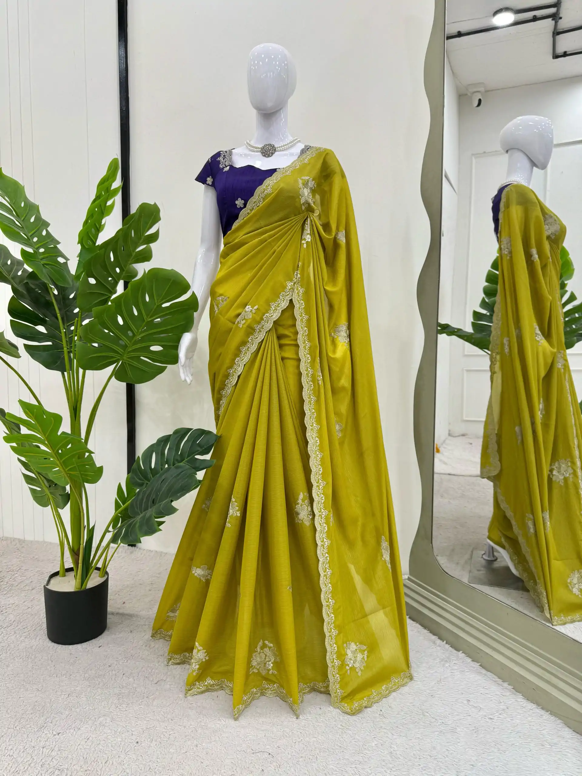 KD 576 Mustard Yellow Color Tesla Chiffon Work Thread Work Saree Casual, Wedding, Festive, Events . Expected Delivery  4-6 Working Days @1749/- only                                                                                                                                           | Sarees, Bollywood Sarees, Creative Sarees, Designer Sarees, Embroidered Sarees, Ethnic Saree, Modern Digital sarees, Party Wear Sarees