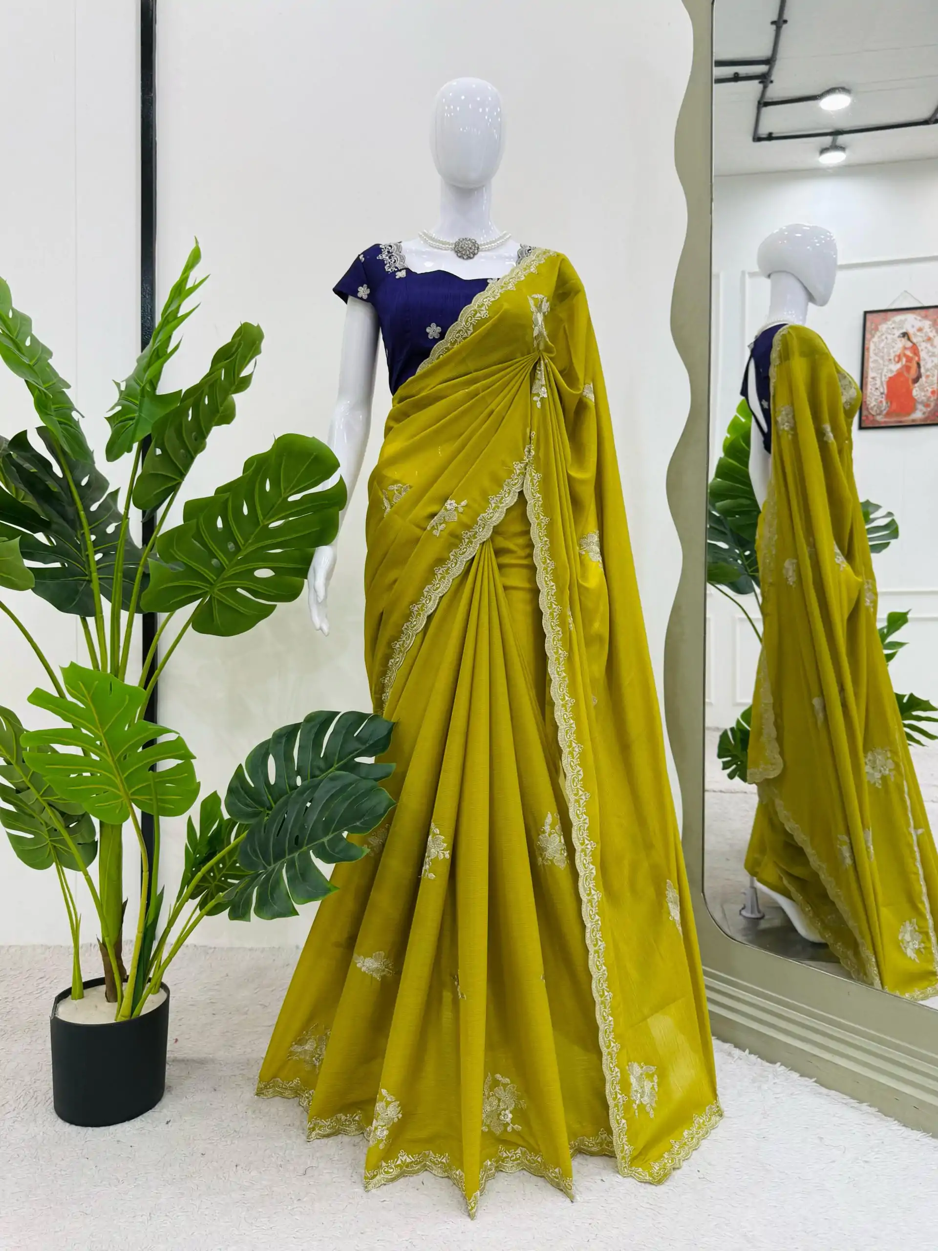 KD 576 Mustard Yellow Color Tesla Chiffon Work Thread Work Saree Casual, Wedding, Festive, Events . Expected Delivery  4-6 Working Days @1749/- only                                                                                                                                           | Sarees, Bollywood Sarees, Creative Sarees, Designer Sarees, Embroidered Sarees, Ethnic Saree, Modern Digital sarees, Party Wear Sarees