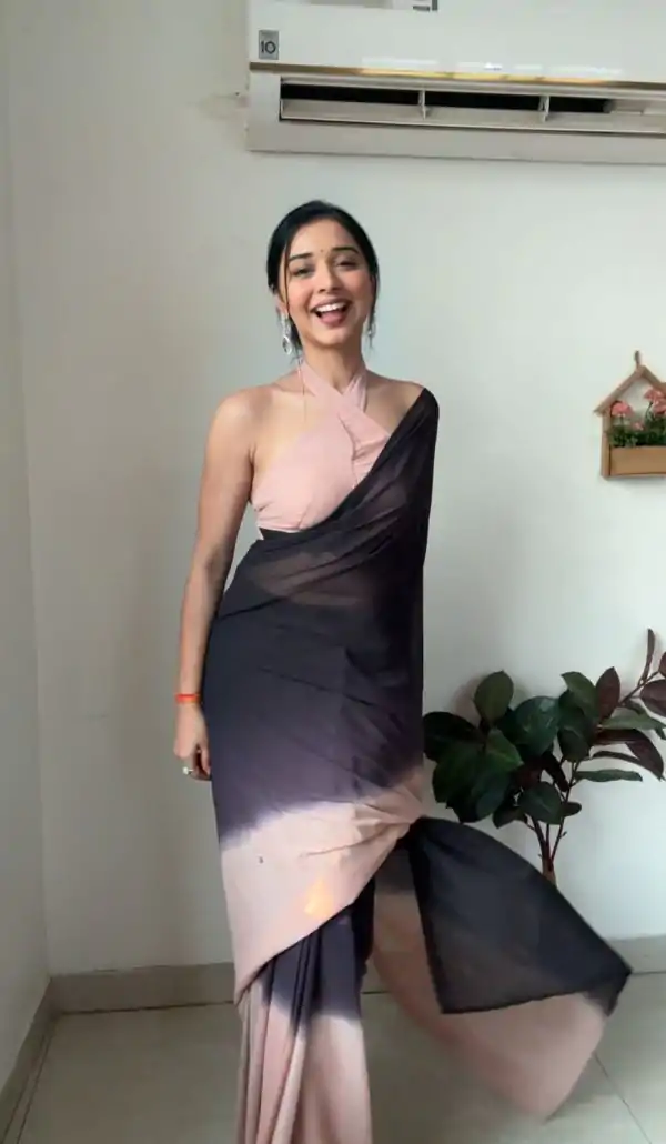 Peach Black Soft Georgette Silk Ready To Wear Saree - Image 2