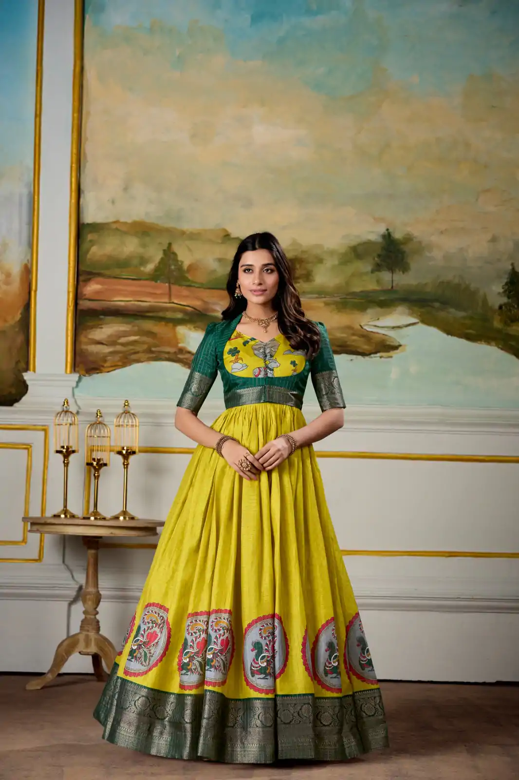 YNF 5310 Yellow Color Dola Silk Kalamkari Print Zari Weaving Broder Gown Casual, Wedding, Party, Festive, Events Etc.4-6 Working Days@ 1749/-only | Gowns, Bollywood Gowns, Creative Gowns, Designer Gowns, Embroidered Gowns, Party Wear Gowns