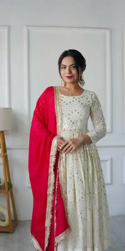 Dazzling Half White Color Georgette Embroidery Work Gown