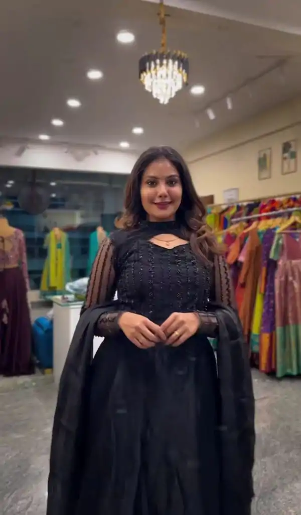 Black Sequence Embroidery Work Gown - Image 2