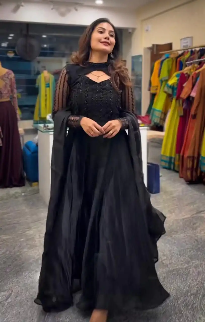 ND 5038 Black Color Jimmy Chu With Sequence Embroidery Work Gown Casual, Wedding, Party, Festive, Events Etc.4-6 Working Days@ 2099/-only | Gowns, Bollywood Gowns, Creative Gowns, Designer Gowns, Embroidered Gowns, Party Wear Gowns