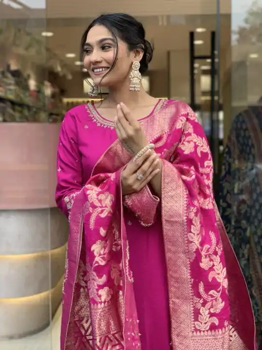 Rani Pink Roman Silk Coding Work Salwar Suit - Image 2
