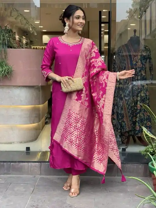 Rani Pink Roman Silk Coding Work Salwar Suit - Image 3