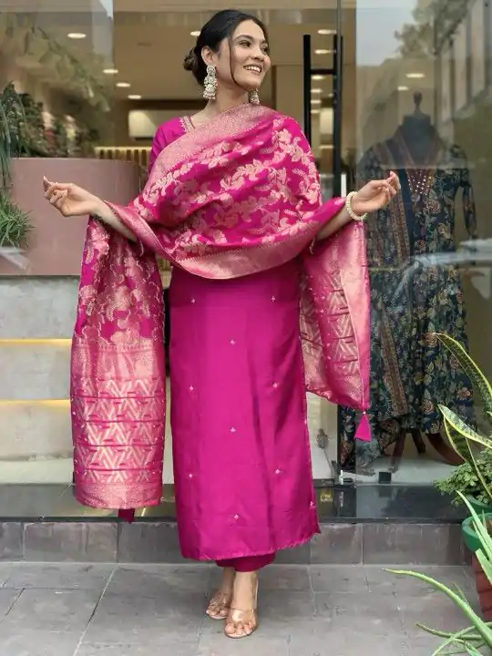 Rani Pink Roman Silk Coding Work Salwar Suit - Image 4