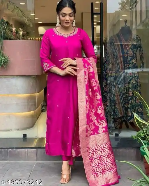 Rani Pink Roman Silk Coding Work Salwar Suit - Image 5
