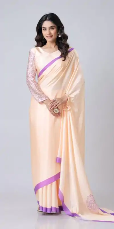 Glowing Light Peach Color Japan Satin Digital Print Work Saree