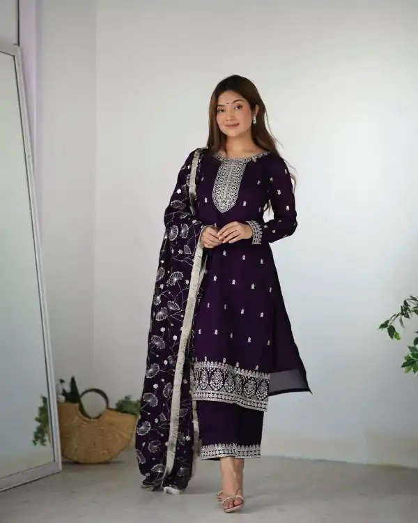 Glowing Purple Color Rangoli Silk Sequence Jari Work Salwar Suit