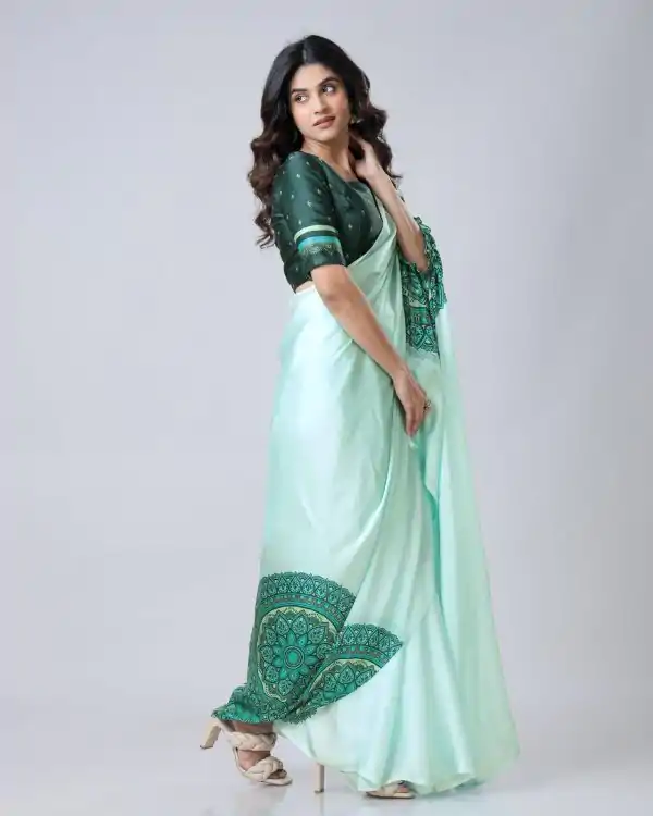Sea Green Japan Satin Digital Print Work Saree - Image 2