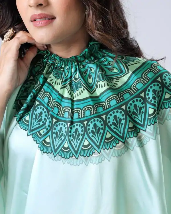Sea Green Japan Satin Digital Print Work Saree - Image 3