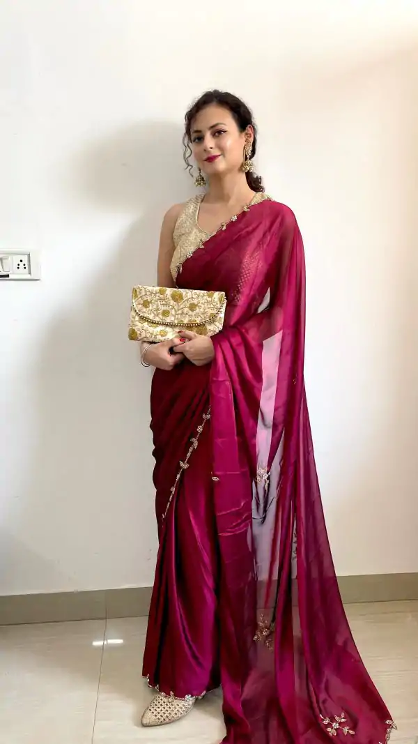 Gorgeous Rani Pink Color Rangoli Silk Handwork Cutwork Pearl Saree