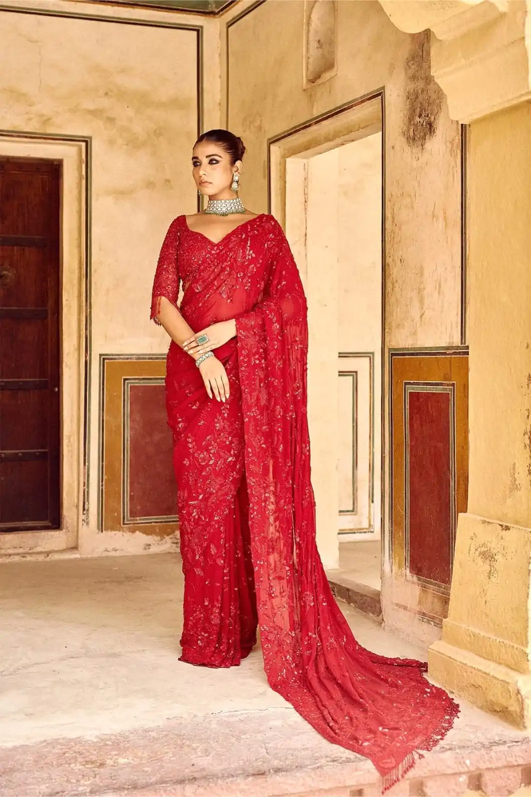 DF 3447 Red Color Georgette Sequins Embroidery work Saree Casual, Wedding, Festive, Events . Expected Delivery  4-6 Working Days @1799/- only                                                                                                                                             | Sarees, Bollywood Sarees, Creative Sarees, Designer Sarees, Embroidered Sarees, Ethnic Saree, Modern Digital sarees, Party Wear Sarees