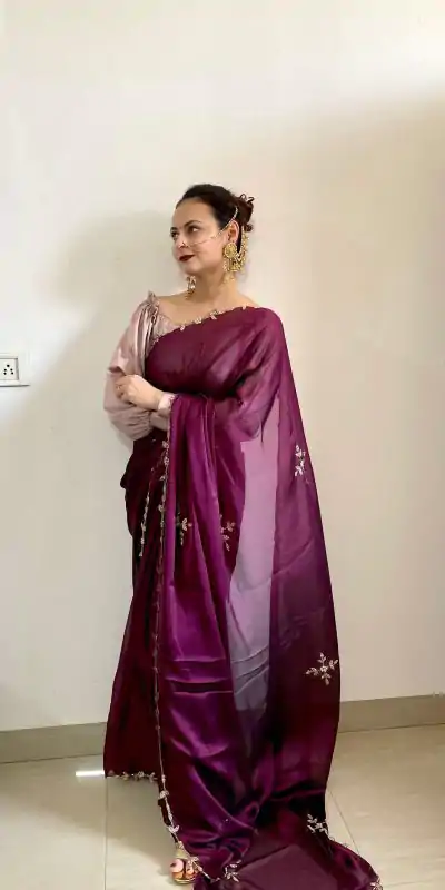 Gorgeous Wine Color Rangoli Silk Handwork Cutwork Pearl Saree