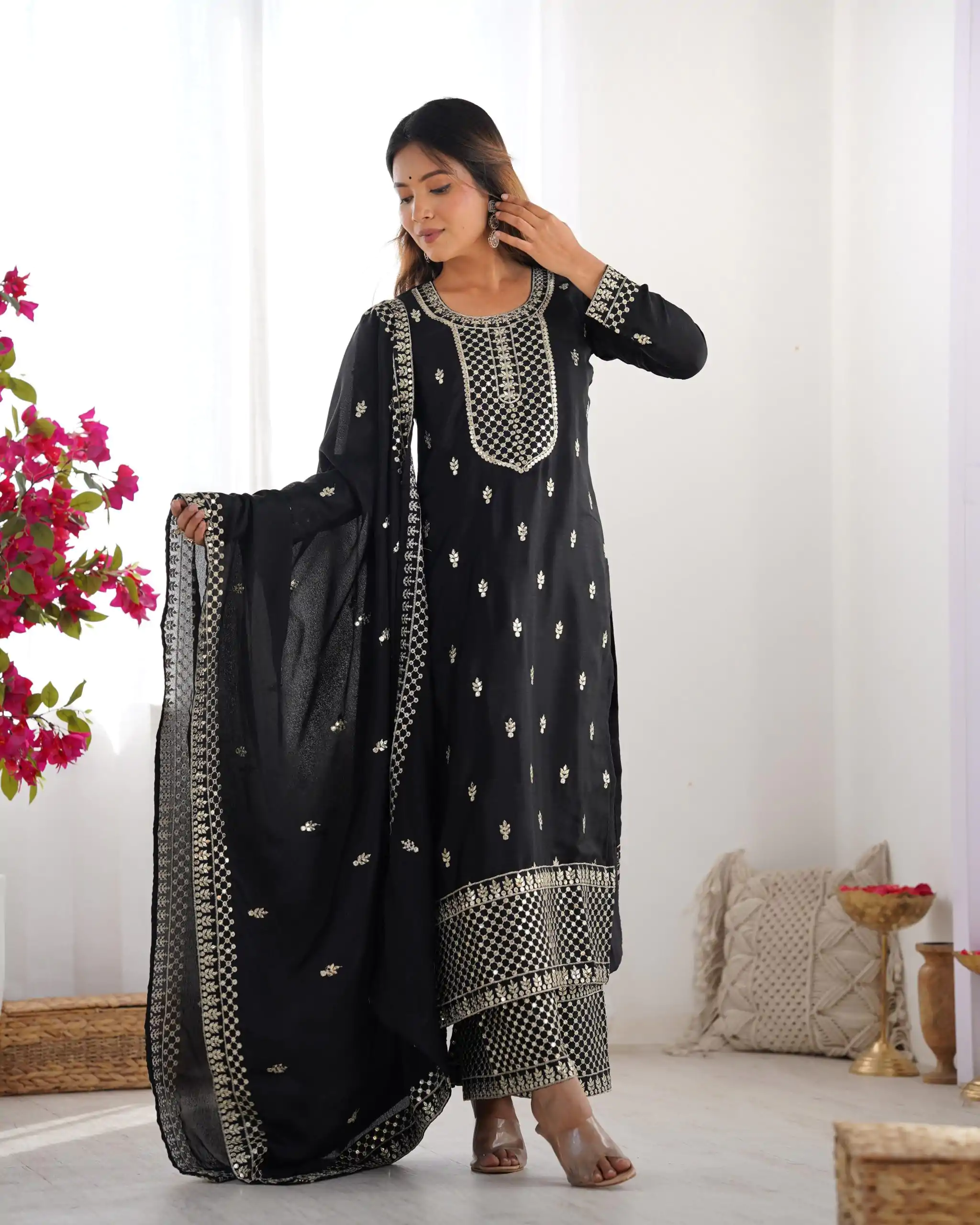 KB 282 Black Color Chinon Silk Embroidery With Jari Work Salwar Suit Casual, Wedding, Festive, Events . Expected Delivery  4-6 Working Days @1949/- only      | Jump Suits, Salwar suit, Casual Suits, Creative suits, Designer Suits, Palazzo Suits, Party Wear Suits, Patiala Suits, Straight Suits