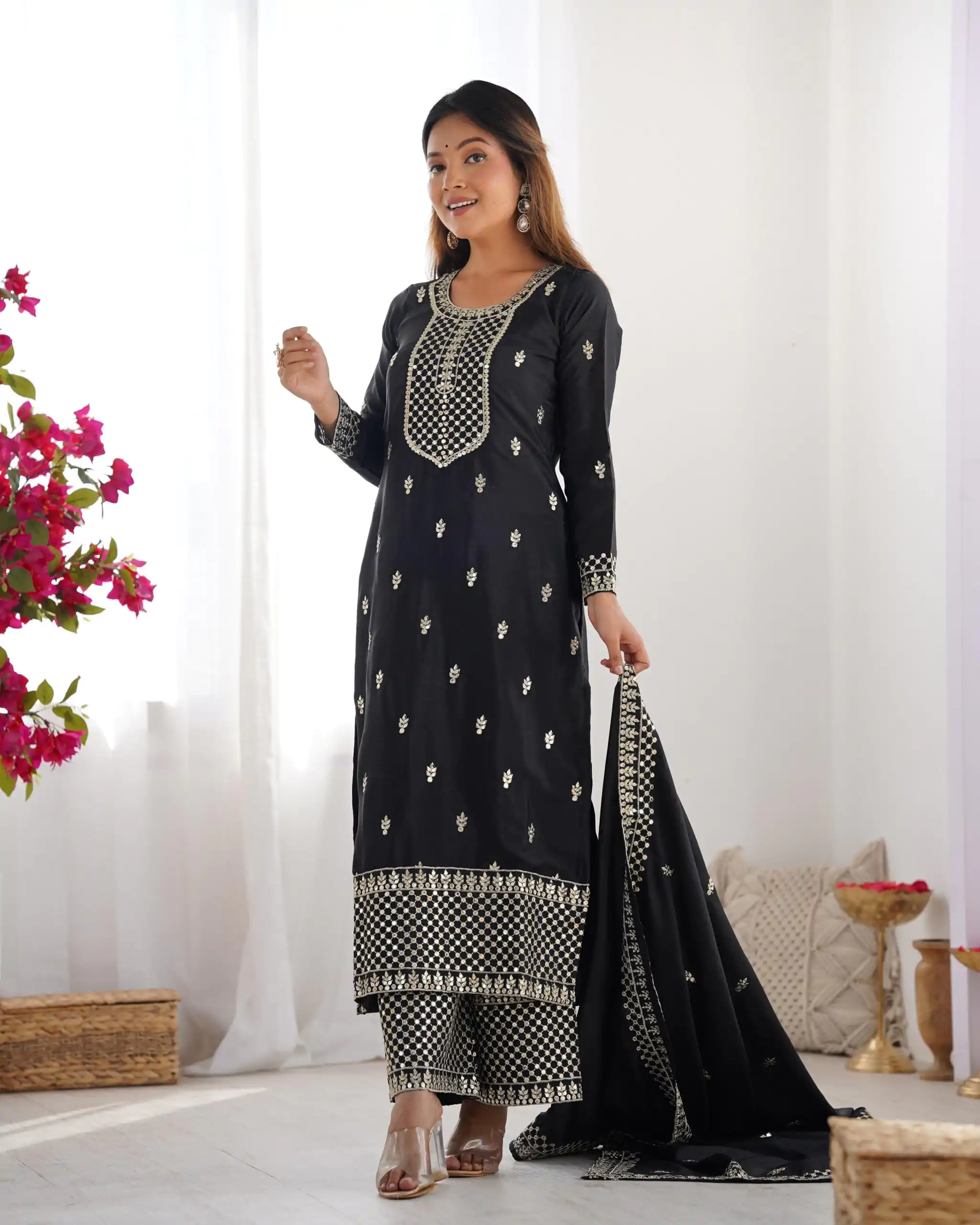 KB 282 Black Color Chinon Silk Embroidery With Jari Work Salwar Suit Casual, Wedding, Festive, Events . Expected Delivery  4-6 Working Days @1949/- only      | Jump Suits, Salwar suit, Casual Suits, Creative suits, Designer Suits, Palazzo Suits, Party Wear Suits, Patiala Suits, Straight Suits