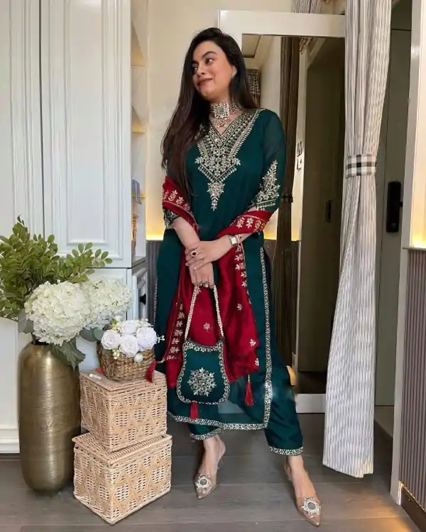 Peacock Blue Chinon Embroidery Work Salwar Suit - Image 2
