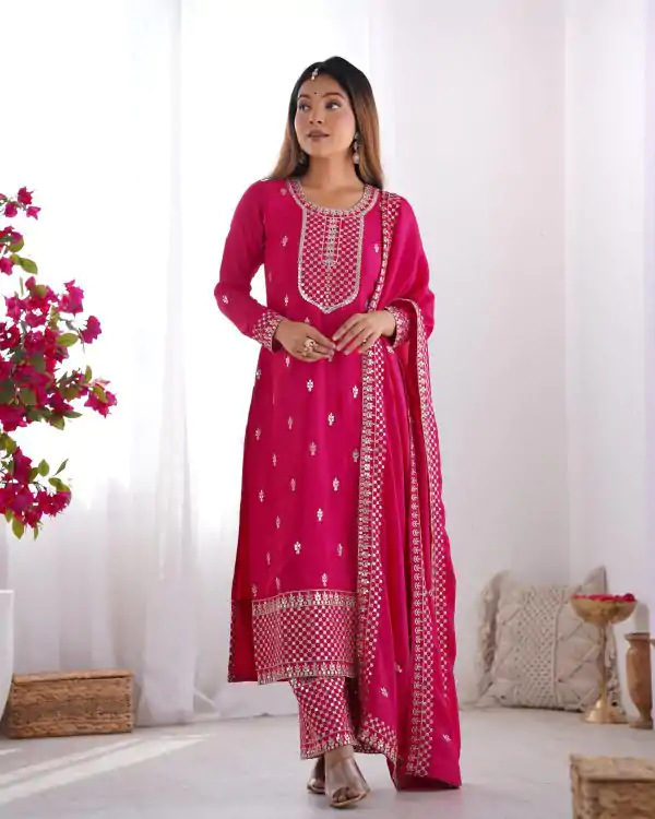 Lovely Pink Color Chinon Silk Embroidery With Jari Work Salwar Suit
