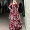 Magical Maroon Color Marble Floral Print Lace Touch Up Gown