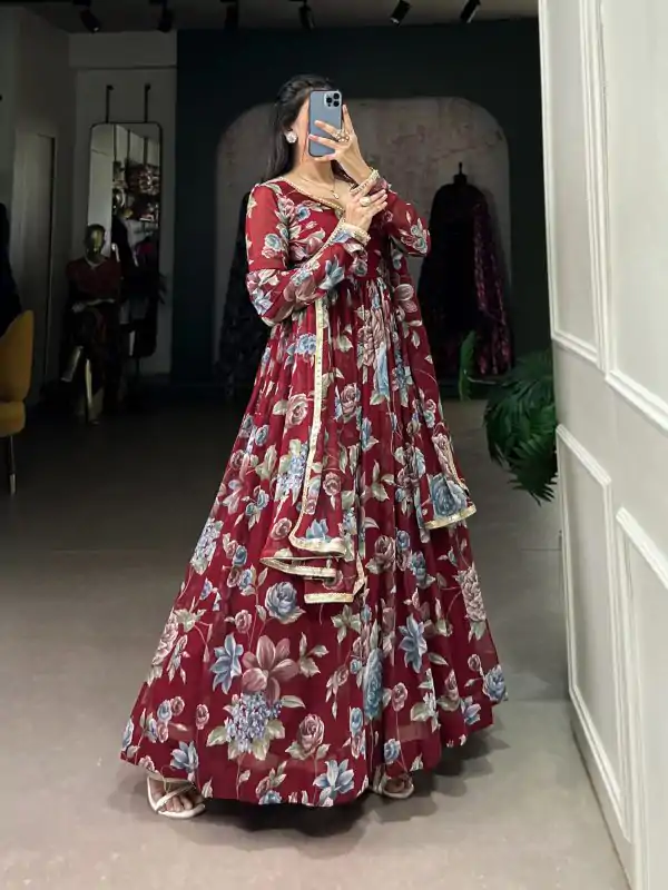 Magical Maroon Color Marble Floral Print Lace Touch Up Gown