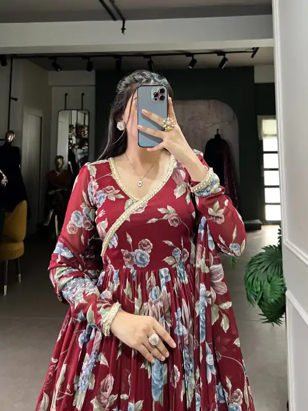 Maroon Marble Floral Print Lace Touch Up Gown - Image 3