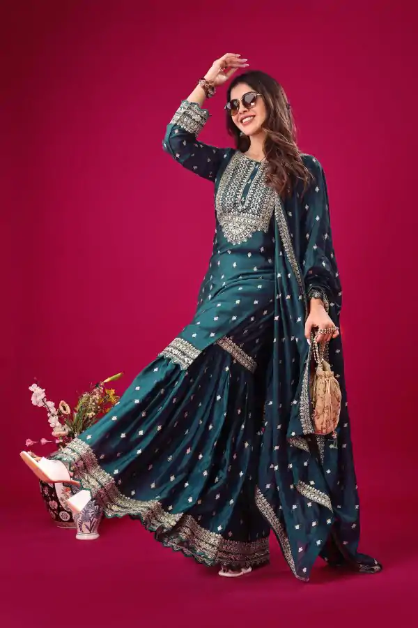 Peacock Blue Chinon Silk Sequence Work Salwar Suit - Image 2