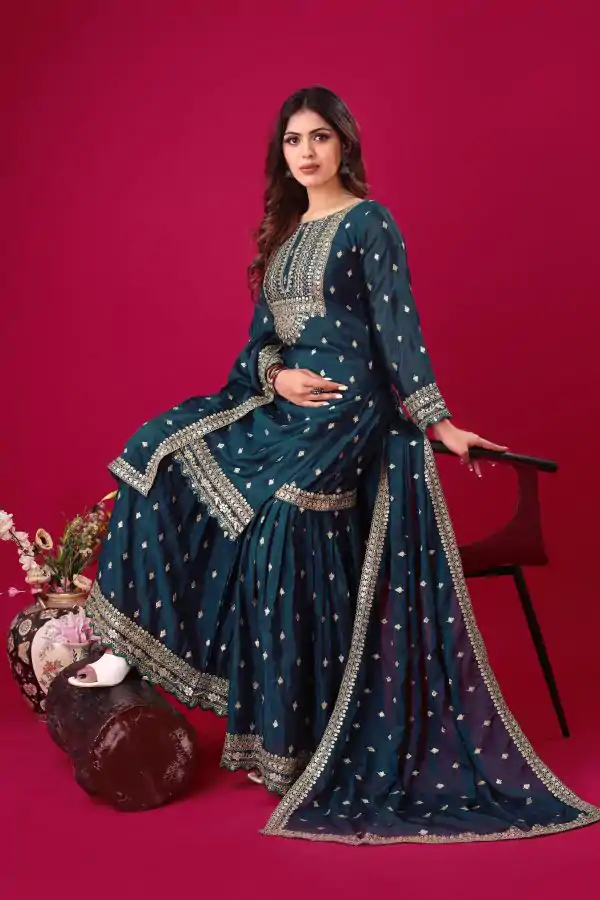 Peacock Blue Chinon Silk Sequence Work Salwar Suit - Image 3