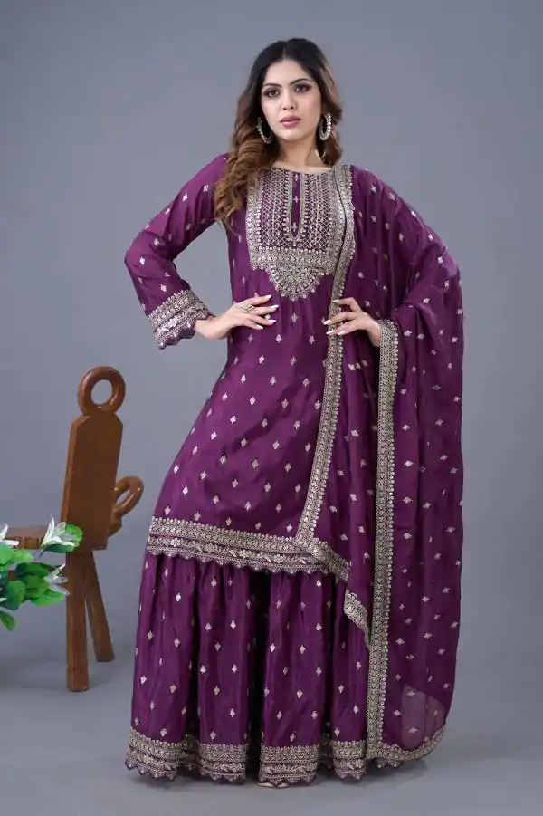 Perfect Wine Color Chinon Silk Sequence Work Salwar Suit