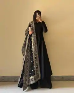 Presenting Black Color Chinon Silk With Inner Plain Anarkali Gown