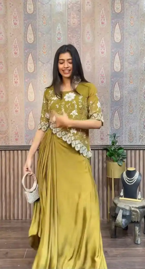 Pretty Mehndi White Color Chinon Sequence Work Skirt Suit