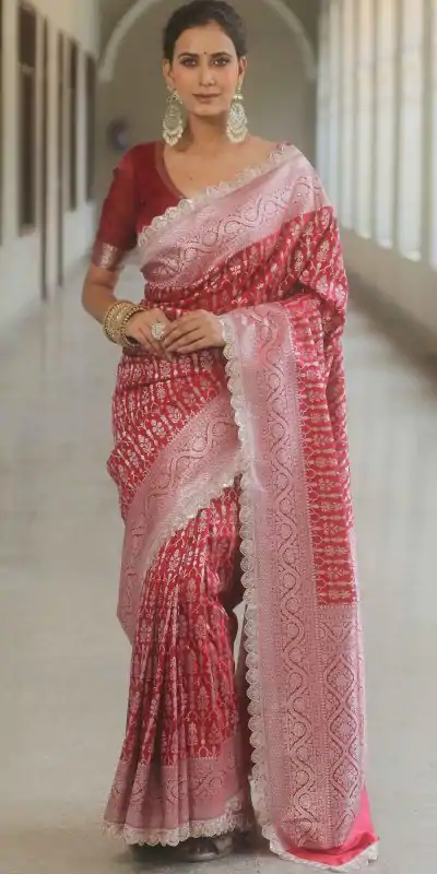 Royal Red Color Jacquard Embroidery Cording Lace Saree