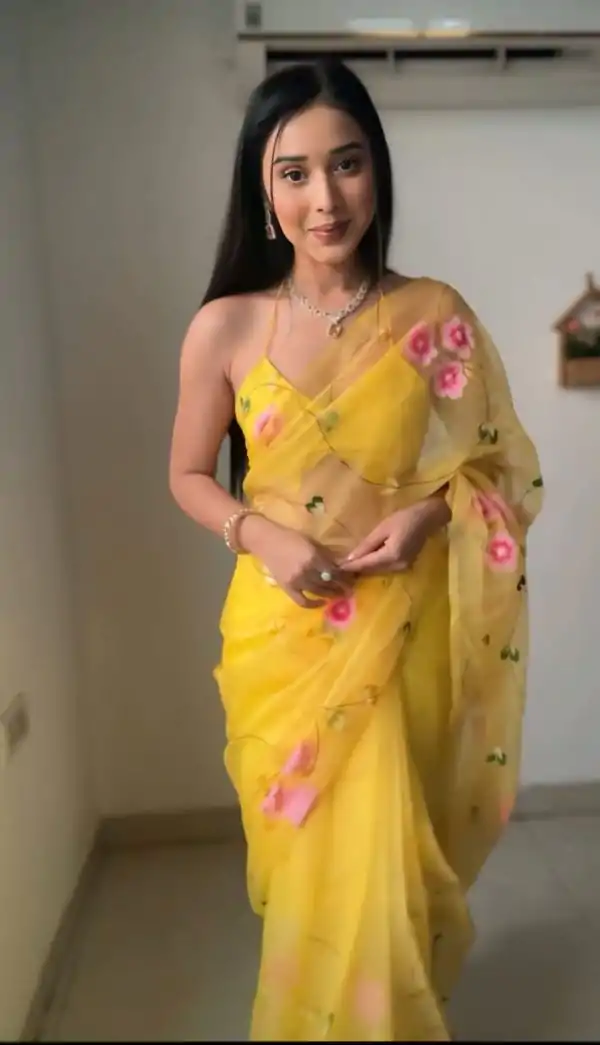 Yellow Soft Organza Silk Ready To Wear Saree - Image 4