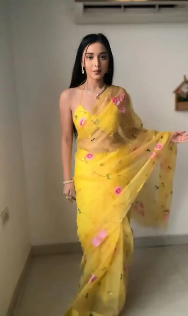 Yellow Soft Organza Silk Ready To Wear Saree - Image 5