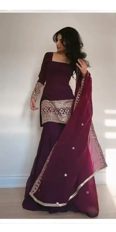 Simple Wine Color Georgette Thread 9mm Sequence Salwar Suit