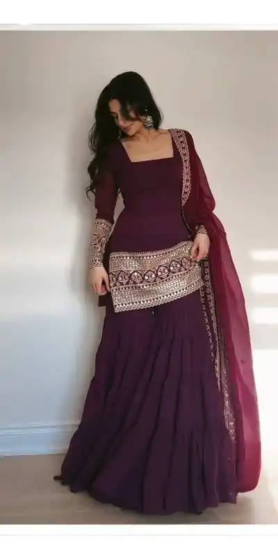 Simple Wine Color Georgette Thread 9mm Sequence Salwar Suit