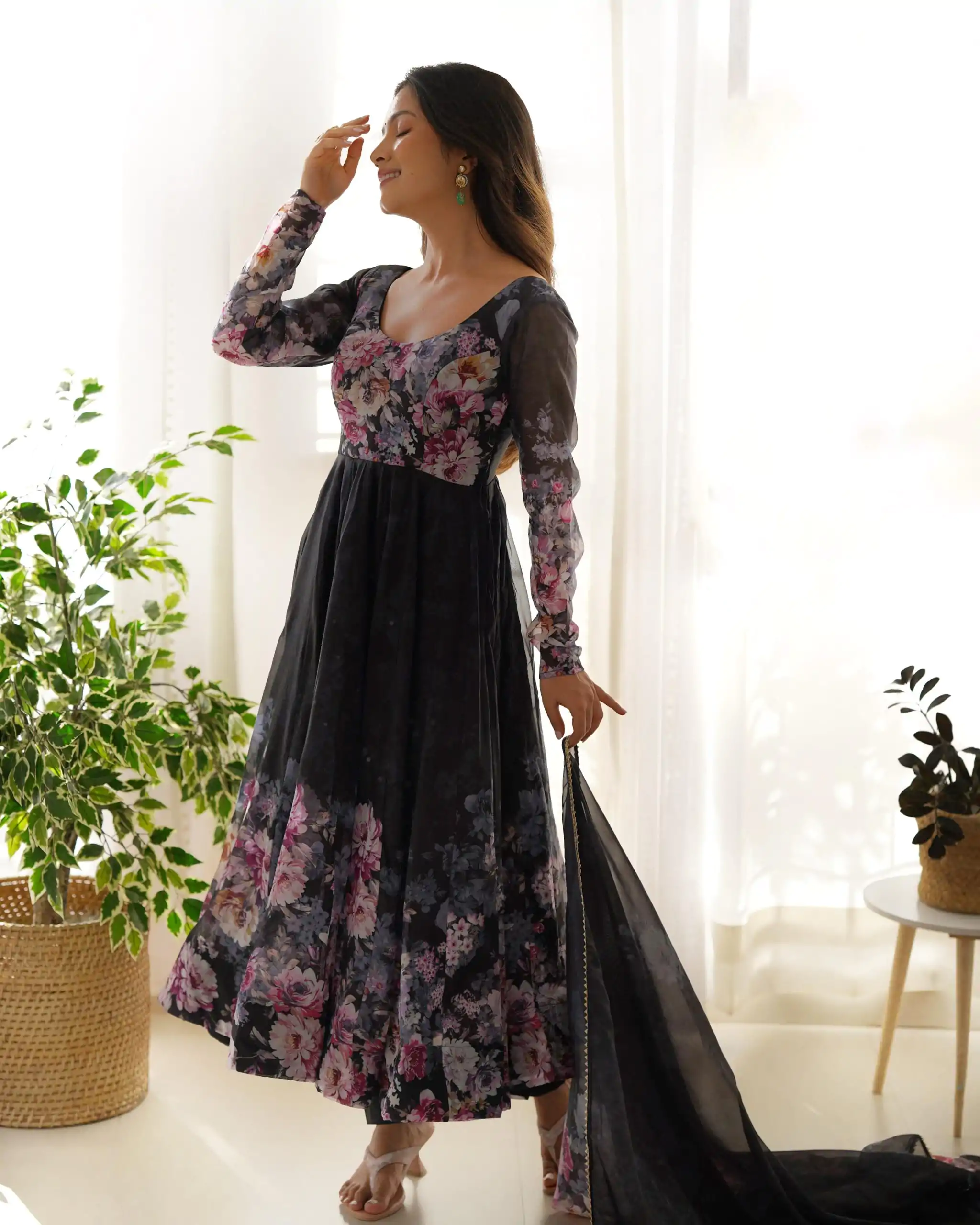 KB 261 Black Color Soft Organza Silk Print With Kali Gown Casual, Wedding, Party, Festive, Events Etc.4-6 Working Days@ 1999/-only | Gowns, Bollywood Gowns, Creative Gowns, Designer Gowns, Embroidered Gowns, Party Wear Gowns