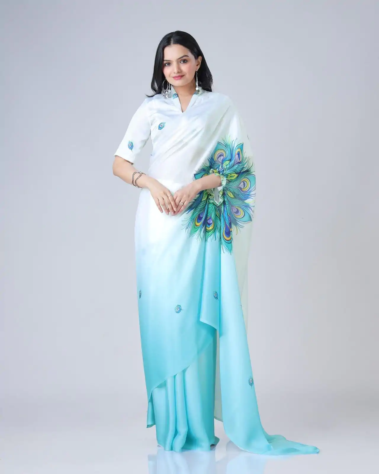 ST 1102 Blue White Color Japan Satin Digital Print Work Saree Casual, Wedding, Festive, Events . Expected Delivery  4-6 Working Days @1849/- only      | Sarees, Bollywood Sarees, Creative Sarees, Designer Sarees, Embroidered Sarees, Ethnic Saree, Modern Digital sarees, Party Wear Sarees