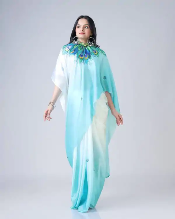 Blue And White Japan Satin Digital Print Work Saree - Image 2