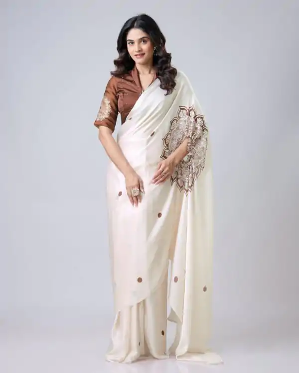 Stylist Cream Color Japan Satin Digital Print Work Saree