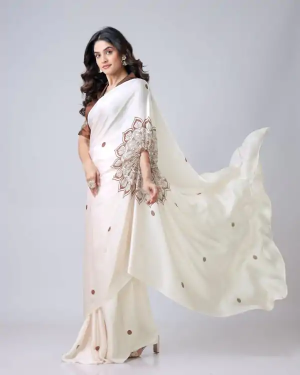 Cream Japan Satin Digital Print Work Saree - Image 2