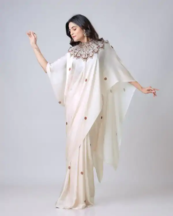 Cream Japan Satin Digital Print Work Saree - Image 3