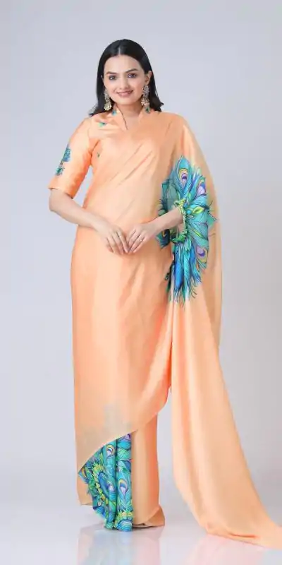 Stylist Peach Color Japan Satin Digital Print Work Saree