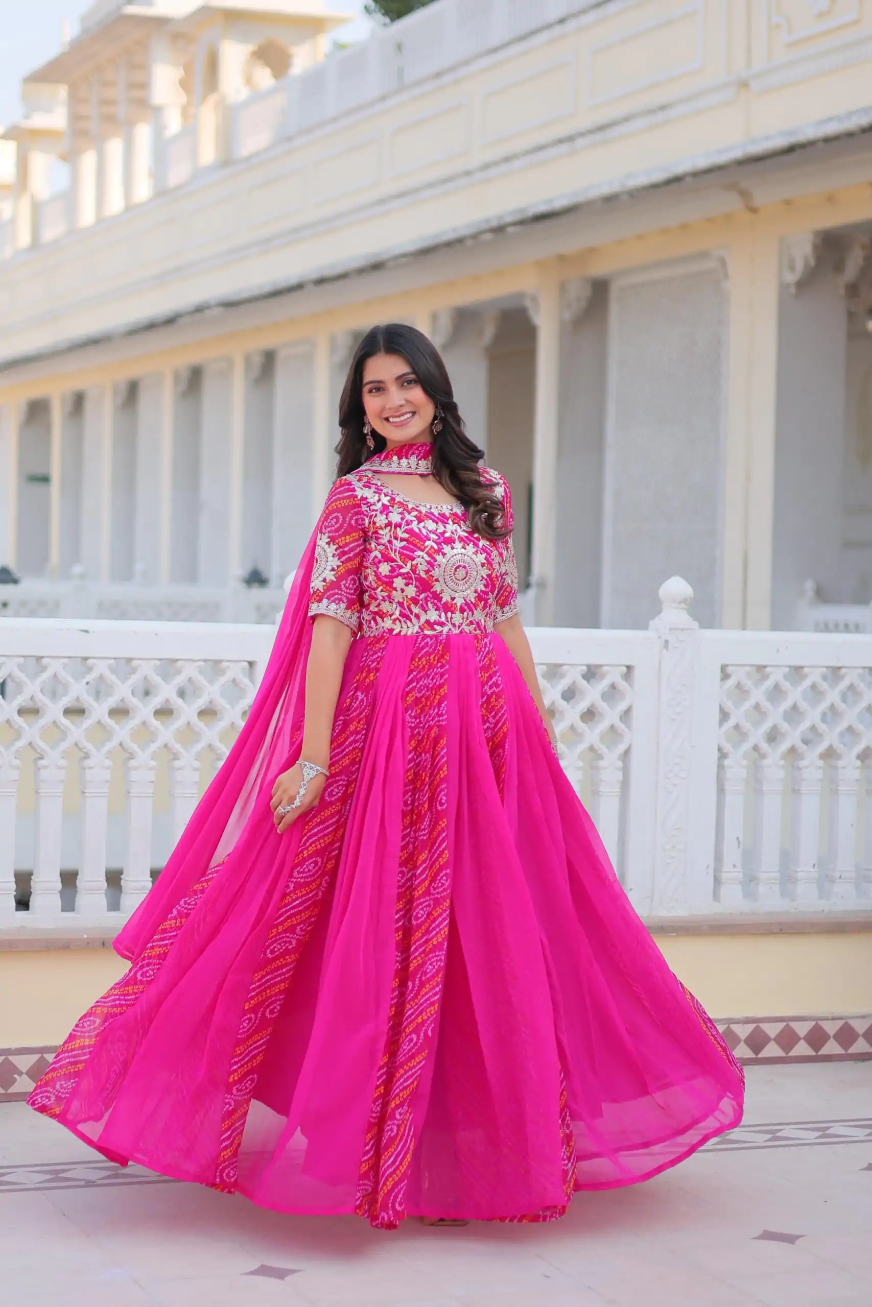 Ram 075 Pink Color Bandhej Fox Georgette Sequence Work Gown Casual, Wedding, Party, Festive, Events Etc.4-6 Working Days@ 2049/-only | Gowns, Bollywood Gowns, Creative Gowns, Designer Gowns, Embroidered Gowns, Party Wear Gowns
