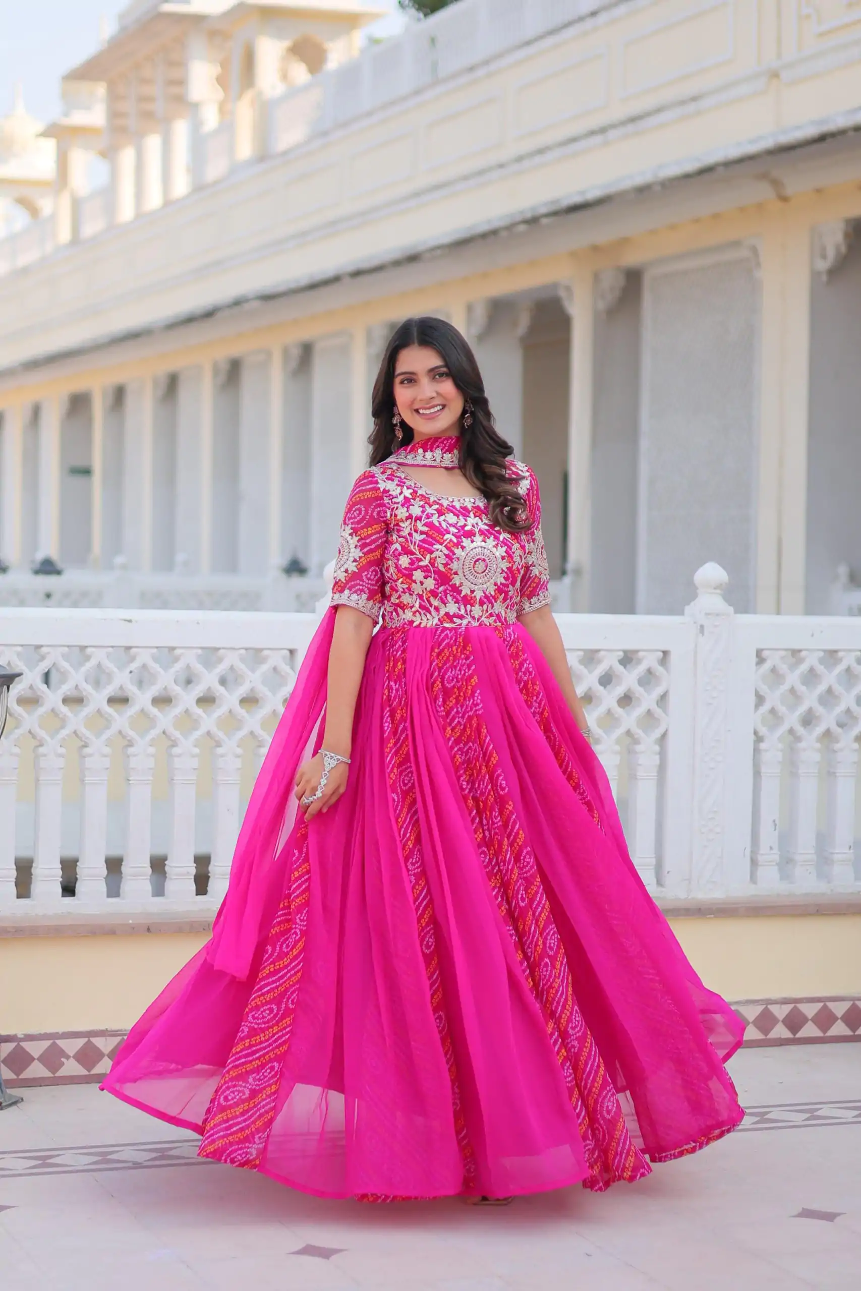 Ram 075 Pink Color Bandhej Fox Georgette Sequence Work Gown Casual, Wedding, Party, Festive, Events Etc.4-6 Working Days@ 2049/-only | Gowns, Bollywood Gowns, Creative Gowns, Designer Gowns, Embroidered Gowns, Party Wear Gowns