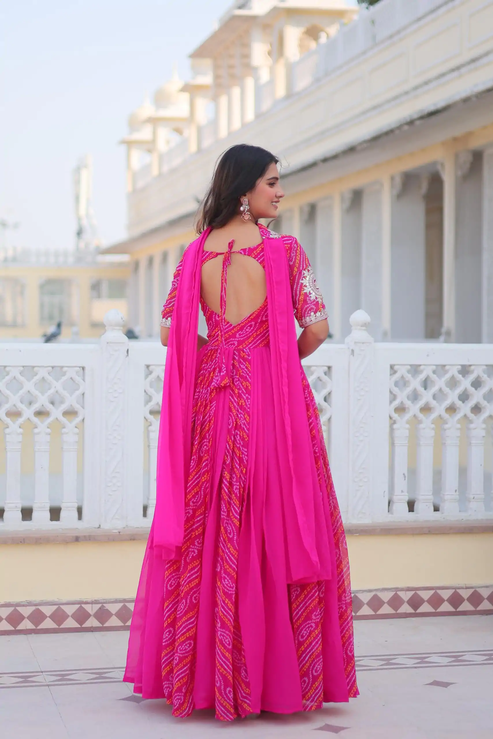 Ram 075 Pink Color Bandhej Fox Georgette Sequence Work Gown Casual, Wedding, Party, Festive, Events Etc.4-6 Working Days@ 2049/-only | Gowns, Bollywood Gowns, Creative Gowns, Designer Gowns, Embroidered Gowns, Party Wear Gowns
