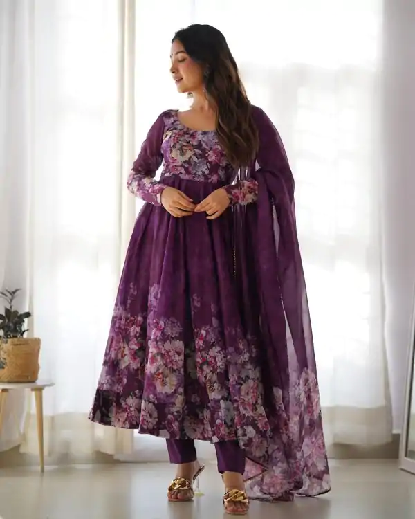 Wine Soft Organza Silk Print With Kali Gown - Image 3
