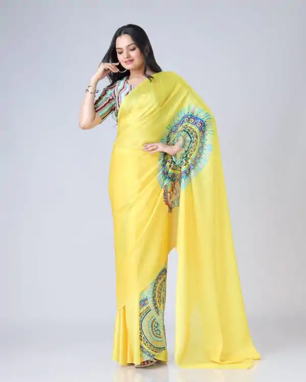 Yellow Japan Satin Digital Print Work Saree - Image 2