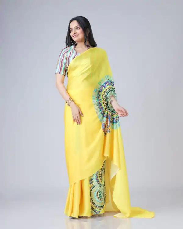 Yellow Japan Satin Digital Print Work Saree - Image 3