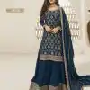 Superb Navy Blue Color Jacquard Silk Chinon Multi Work Salwar Suit